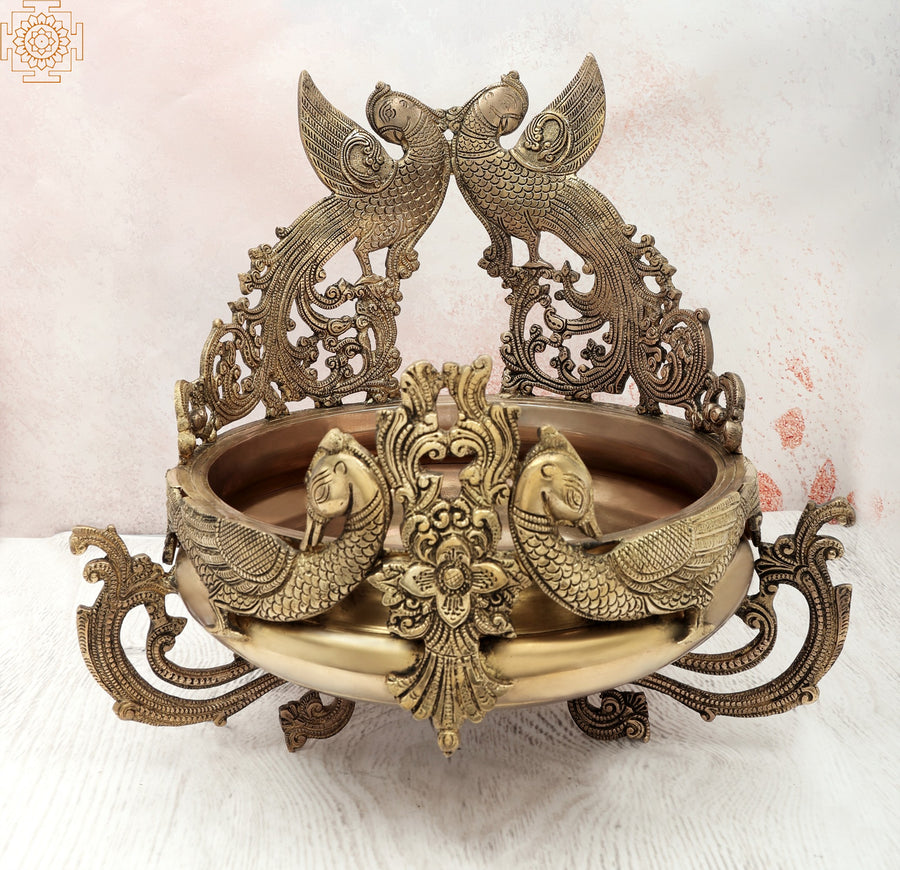 15" Elegant Peacock Brass Urli Bowl Handmade Home Decor