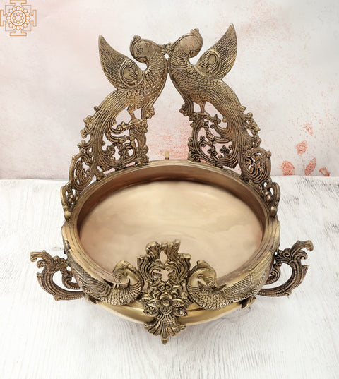 15" Elegant Peacock Brass Urli | Decorative Bowl | Handmade Accent Decor