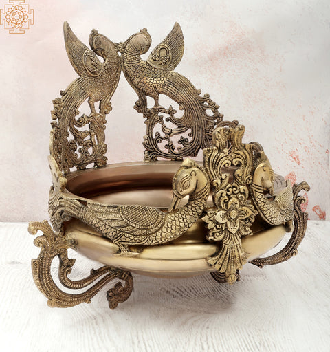 15" Elegant Peacock Brass Urli | Decorative Bowl | Handmade Accent Decor