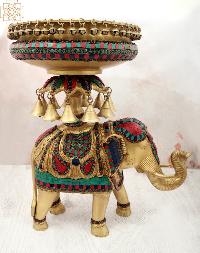 21" Brass Urli with Elephant Bells Home Decor Statue