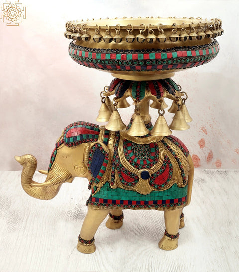 21" Inlay Brass Urli with Bells the Base of Royal Elephant | Home Decor Gift