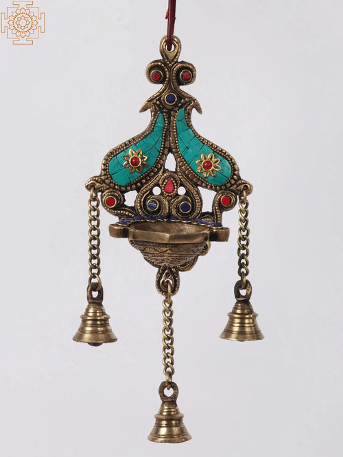 11" Brass Inlay Wall Hanging with Wick and Bells for Pooja