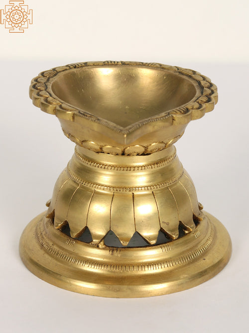 Engraved Brass Diya Oil Lamp with One Wick for Pooja