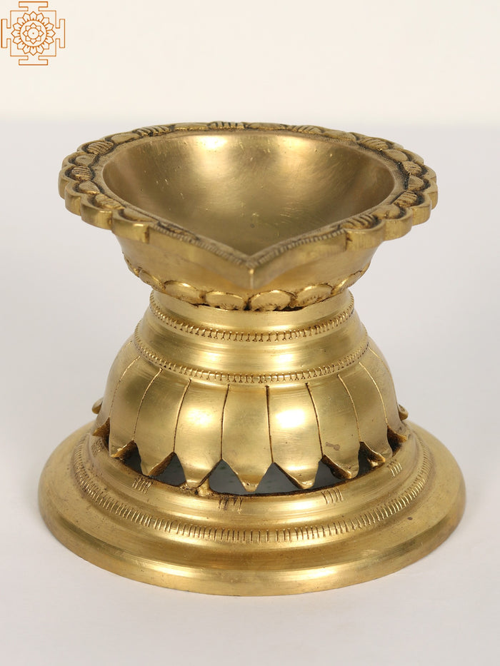 Engraved Brass Diya Oil Lamp with One Wick for Pooja