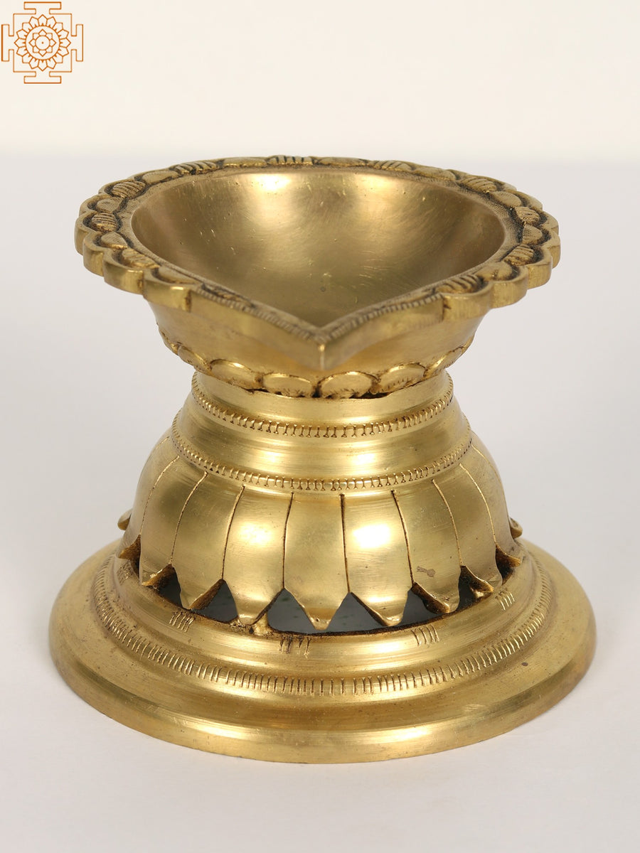Engraved Brass Diya Oil Lamp with One Wick for Pooja
