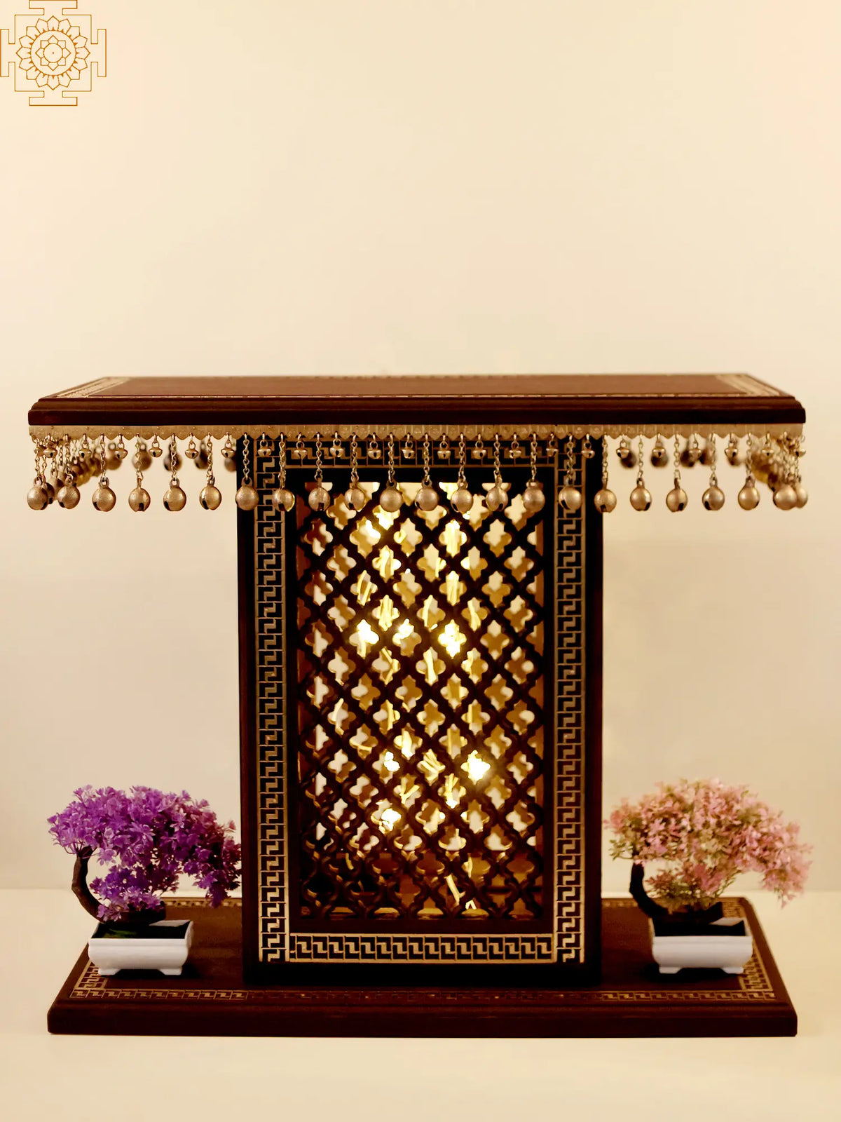 High Wooden Pedestal with Lattice, Brass Work and Ghungroos