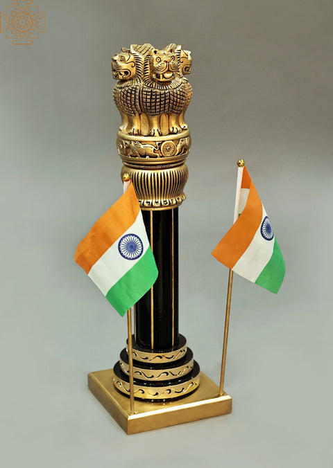 19" Ashoka Stambh Pillar Indian Flag Emblem Carved Figurine Ashok Chakra Showpiece