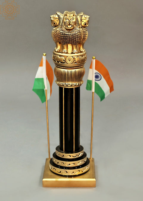 19" Ashoka Stambh Pillar Indian Flag Emblem Carved Figurine Ashok Chakra Showpiece