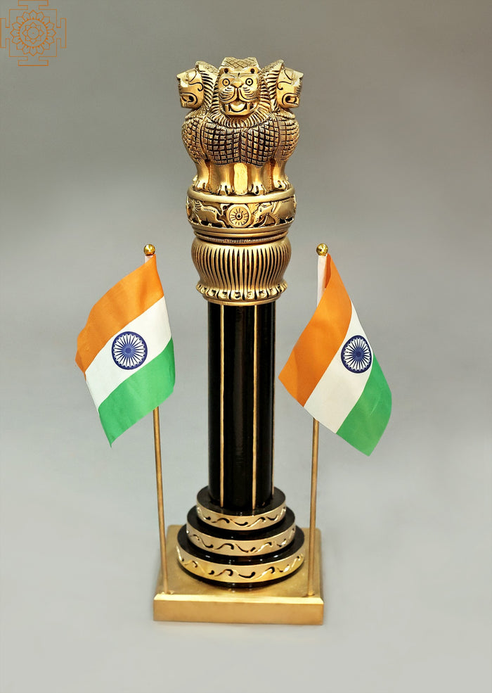 19" Ashoka Stambh Pillar Brass Statue with Ashok Chakra Emblem