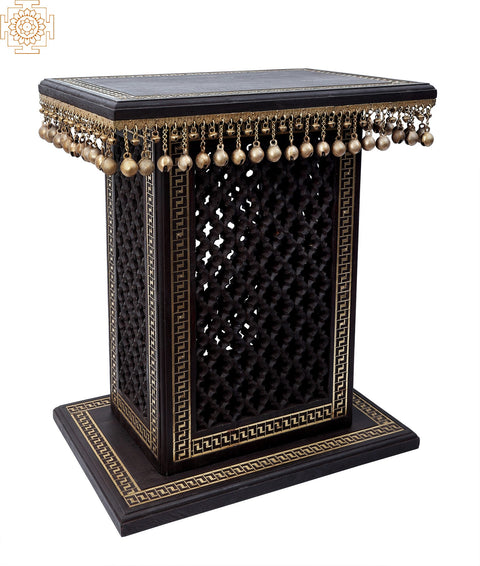 26" High Wooden Pedestal with Lattice, Brass Work and Ghungroos  | Wooden Pedestal | Handmade | Made In India