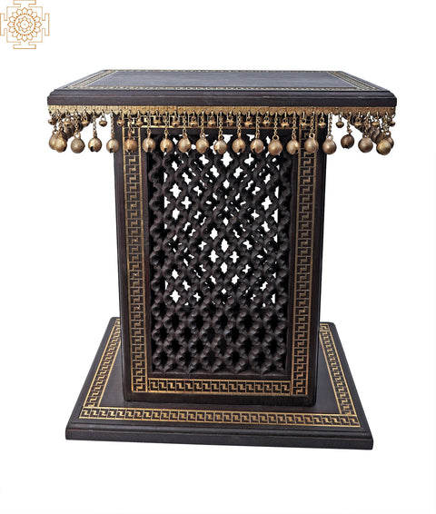 26" High Wooden Pedestal with Lattice, Brass Work and Ghungroos  | Wooden Pedestal | Handmade | Made In India