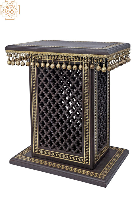 26" High Wooden Pedestal with Lattice, Brass Work and Ghungroos  | Wooden Pedestal | Handmade | Made In India