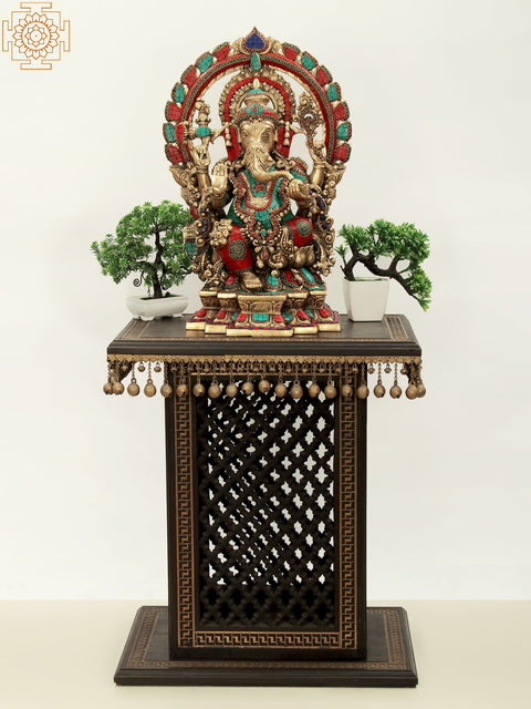 26" High Wooden Pedestal with Lattice, Brass Work and Ghungroos  | Wooden Pedestal | Handmade | Made In India