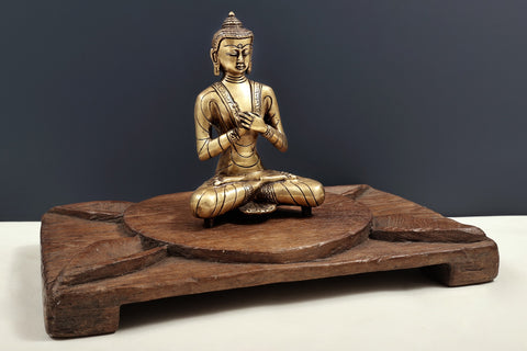 Brass Buddha Seated on Wooden Lotus Chowki (Pedestal ) | Handmade | Made In India