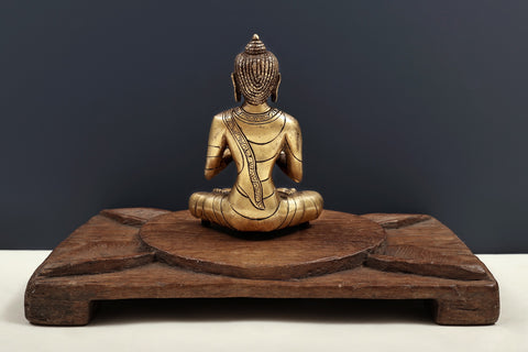 Brass Buddha Seated on Wooden Lotus Chowki (Pedestal ) | Handmade | Made In India