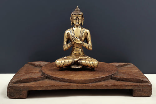 Brass Buddha Seated on Wooden Lotus Pedestal Handmade Statue