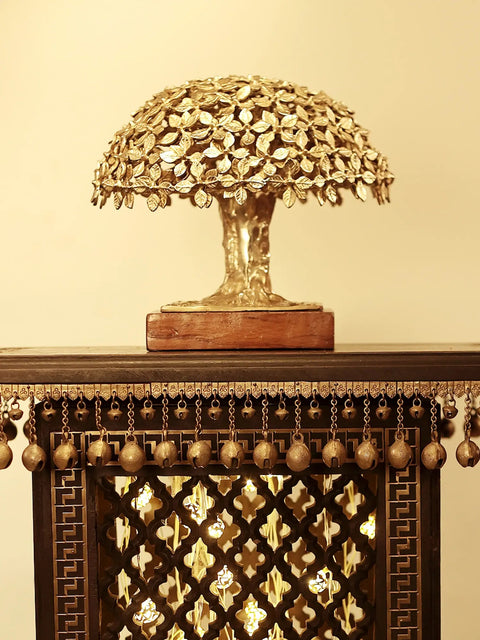 25" High Wooden Pedestal with Lattice, Brass Work and Ghungroos  | Teakwood with Brass Inlay