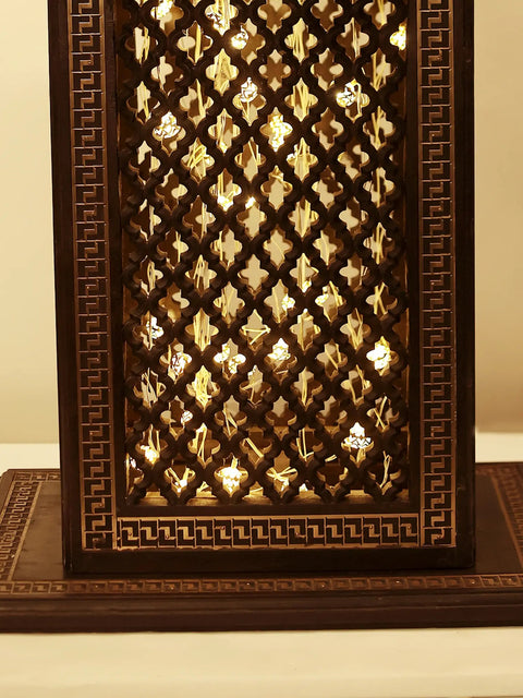 25" High Wooden Pedestal with Lattice, Brass Work and Ghungroos  | Teakwood with Brass Inlay