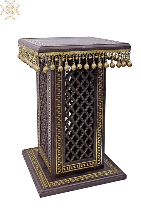 25" High Wooden Pedestal with Lattice, Brass Work and Ghungroos  | Teakwood with Brass Inlay