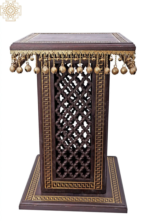 25" High Wooden Pedestal with Lattice, Brass Work and Ghungroos  | Teakwood with Brass Inlay
