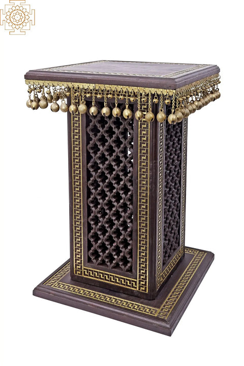 25" High Wooden Pedestal with Lattice, Brass Work and Ghungroos  | Teakwood with Brass Inlay