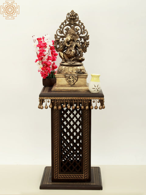 25" High Wooden Pedestal with Lattice, Brass Work and Ghungroos  | Teakwood with Brass Inlay