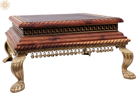 21" Ritual Wooden Chowki with Brass Decoration and Ghungroos  | Wooden Pedestal | Handmade | Made In India