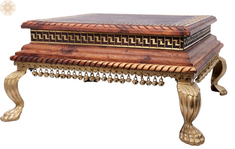21" Ritual Wooden Chowki with Brass Decoration and Ghungroos  | Wooden Pedestal | Handmade | Made In India