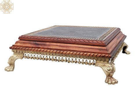 23" Wooden Chowki with Brass Decoration and Ghungroos | Wooden Pedestal | Handmade | Made in India