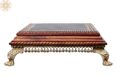 23" Wooden Chowki with Brass Decoration and Ghungroos | Wooden Pedestal | Handmade | Made in India