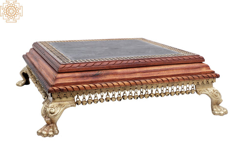 23" Wooden Chowki with Brass Decoration and Ghungroos | Wooden Pedestal | Handmade | Made in India