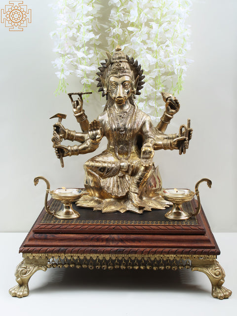 23" Wooden Chowki with Brass Decoration and Ghungroos | Wooden Pedestal | Handmade | Made in India