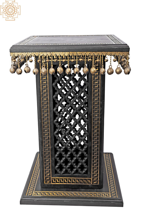 30" High Wooden Pedestal with Lattice, Brass Work and Ghungroos | Teakwood with Brass Inlay | Handmade | Made in India