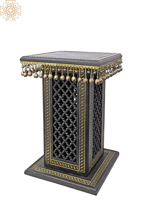 30" High Wooden Pedestal with Lattice, Brass Work and Ghungroos | Teakwood with Brass Inlay | Handmade | Made in India