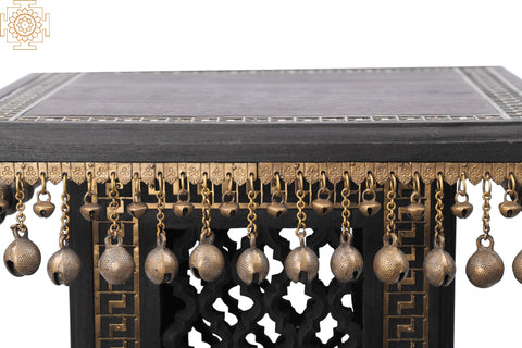 30" High Wooden Pedestal with Lattice, Brass Work and Ghungroos | Teakwood with Brass Inlay | Handmade | Made in India