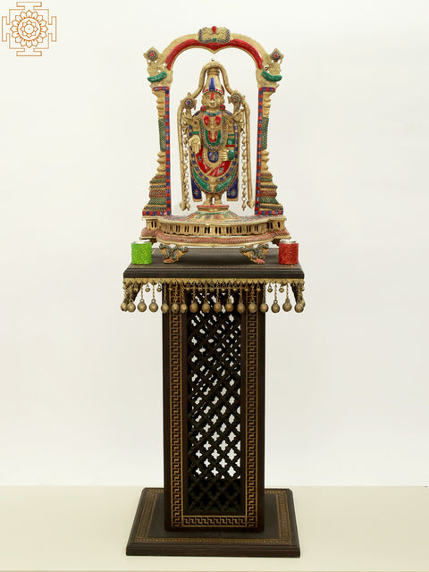 30" High Wooden Pedestal with Lattice, Brass Work and Ghungroos | Teakwood with Brass Inlay | Handmade | Made in India