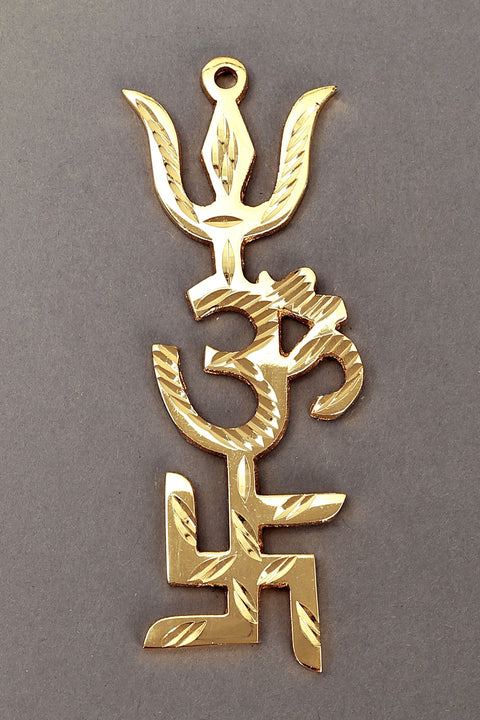 5" Tri Shakti Pooja Yantra | Swastik Om Trishul Symbol | Vastu | Brass Tri Shakti | Handmade | Made In India