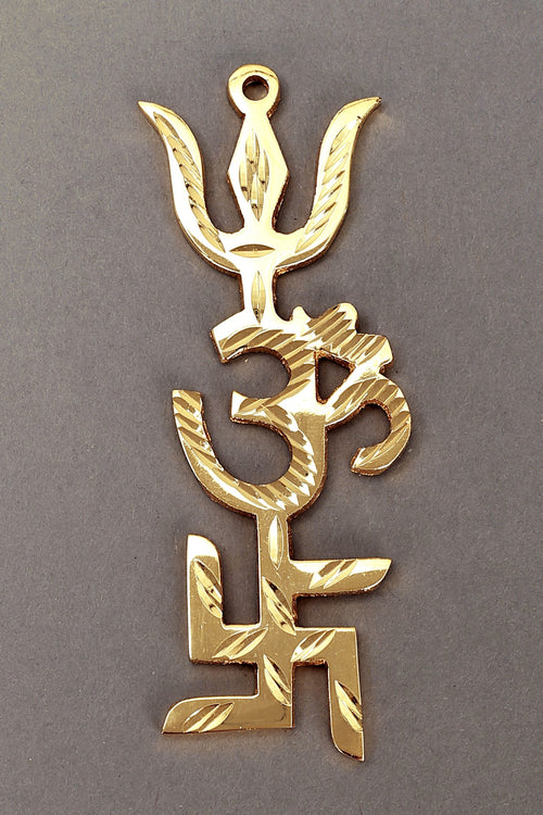 5" Handmade Brass Tri Shakti Pooja Yantra with Swastik Om Trishul