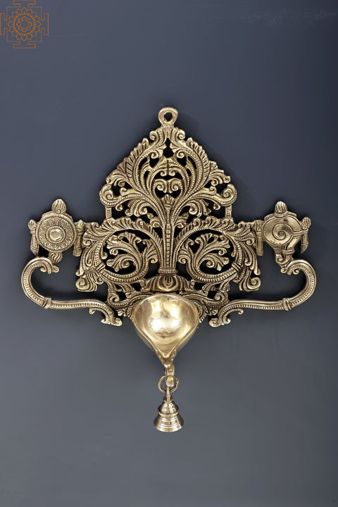 11" Handmade Wall Hanging Brass Diya with Bell