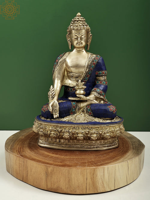 14" Handmade Medicine Buddha Brass Statue with Wooden Pedestal