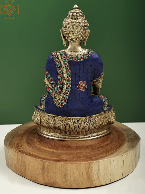 14" Medicine Buddha Seated on Wooden Pedestal | Handmade