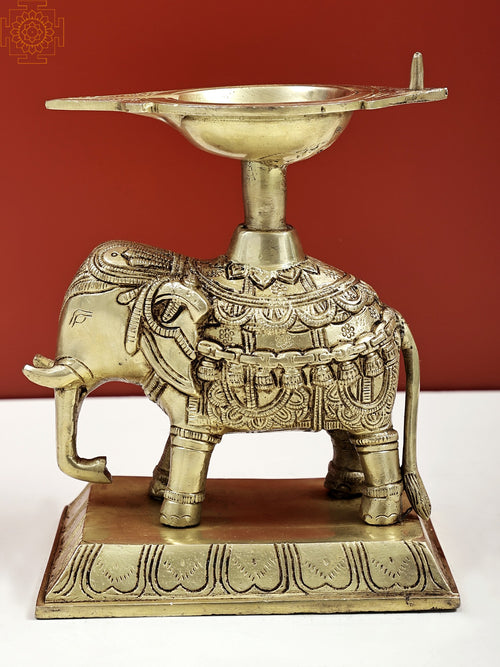 7" Handmade Brass Elephant with Diya Statue for Home Decor