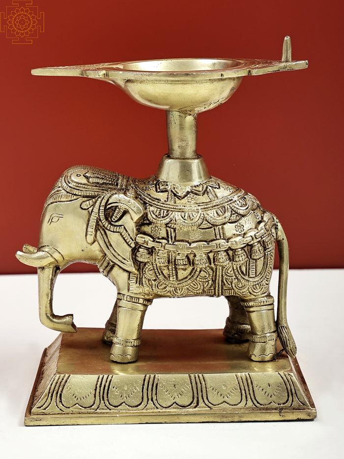 7" Handmade Brass Elephant with Diya Statue for Home Decor
