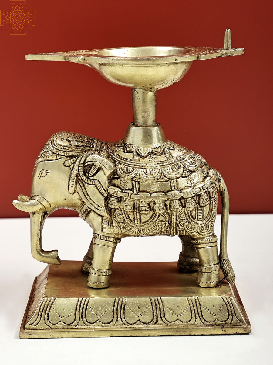 7" Handmade Brass Elephant with Diya Statue for Home Decor