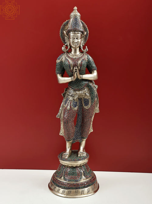 29" Welcome Lady Brass Statue Handmade Home Decor
