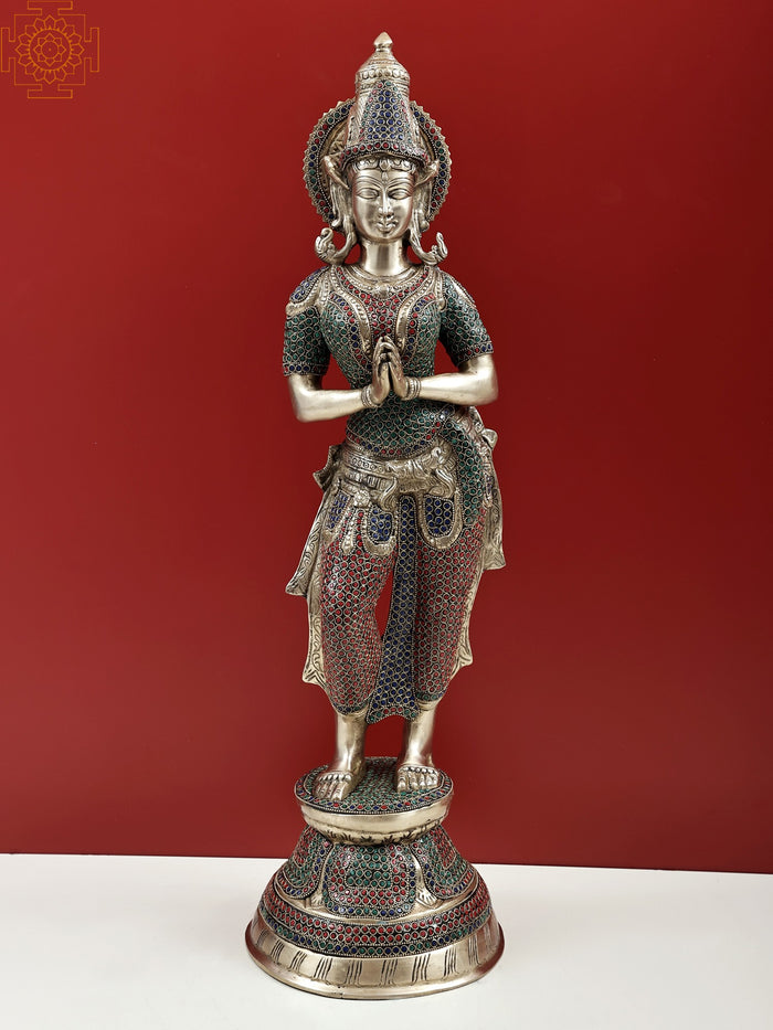 29" Welcome Lady Brass Statue Handmade Home Decor