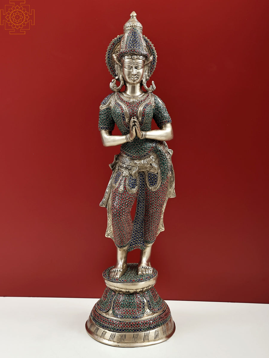 29" Welcome Lady Brass Statue Handmade Home Decor