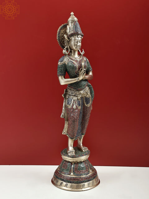 29" Welcome Lady Brass Idol | Handmade Namaste Lady Brass Statue