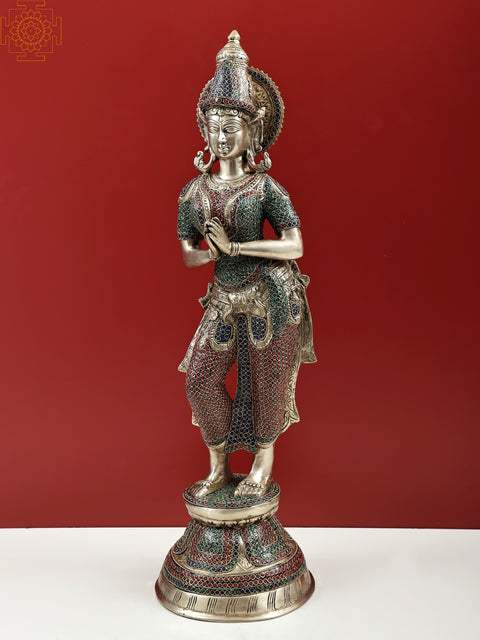 29" Welcome Lady Brass Idol | Handmade Namaste Lady Brass Statue