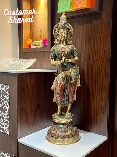 29" Welcome Lady Brass Idol | Handmade Namaste Lady Brass Statue